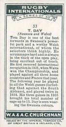 1935 Churchman’s Rugby Internationals #33 T. Day Back